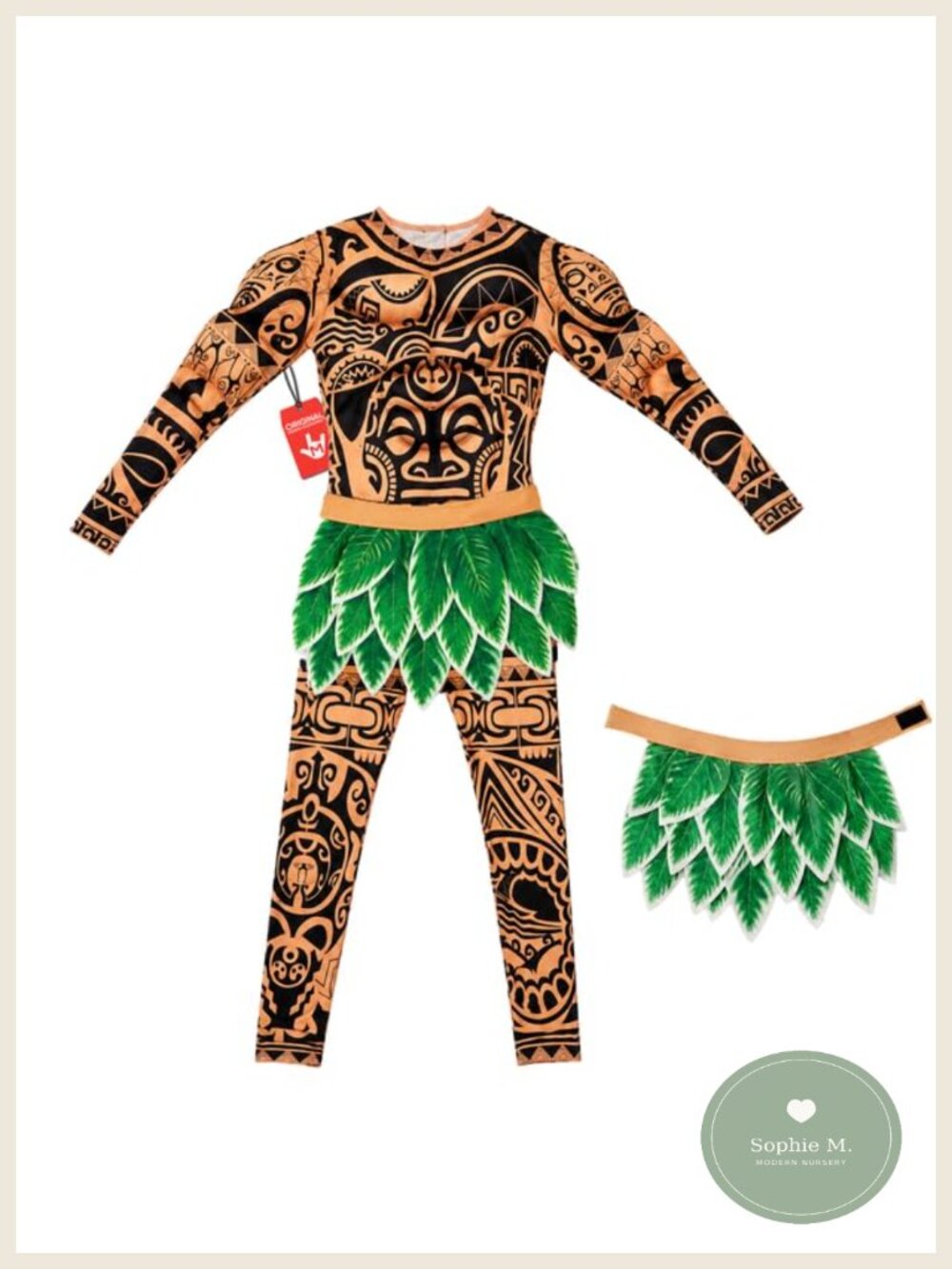 Kids Boys Halloween Costume Tattoo Warrior Bodysuit Leaf Belt
